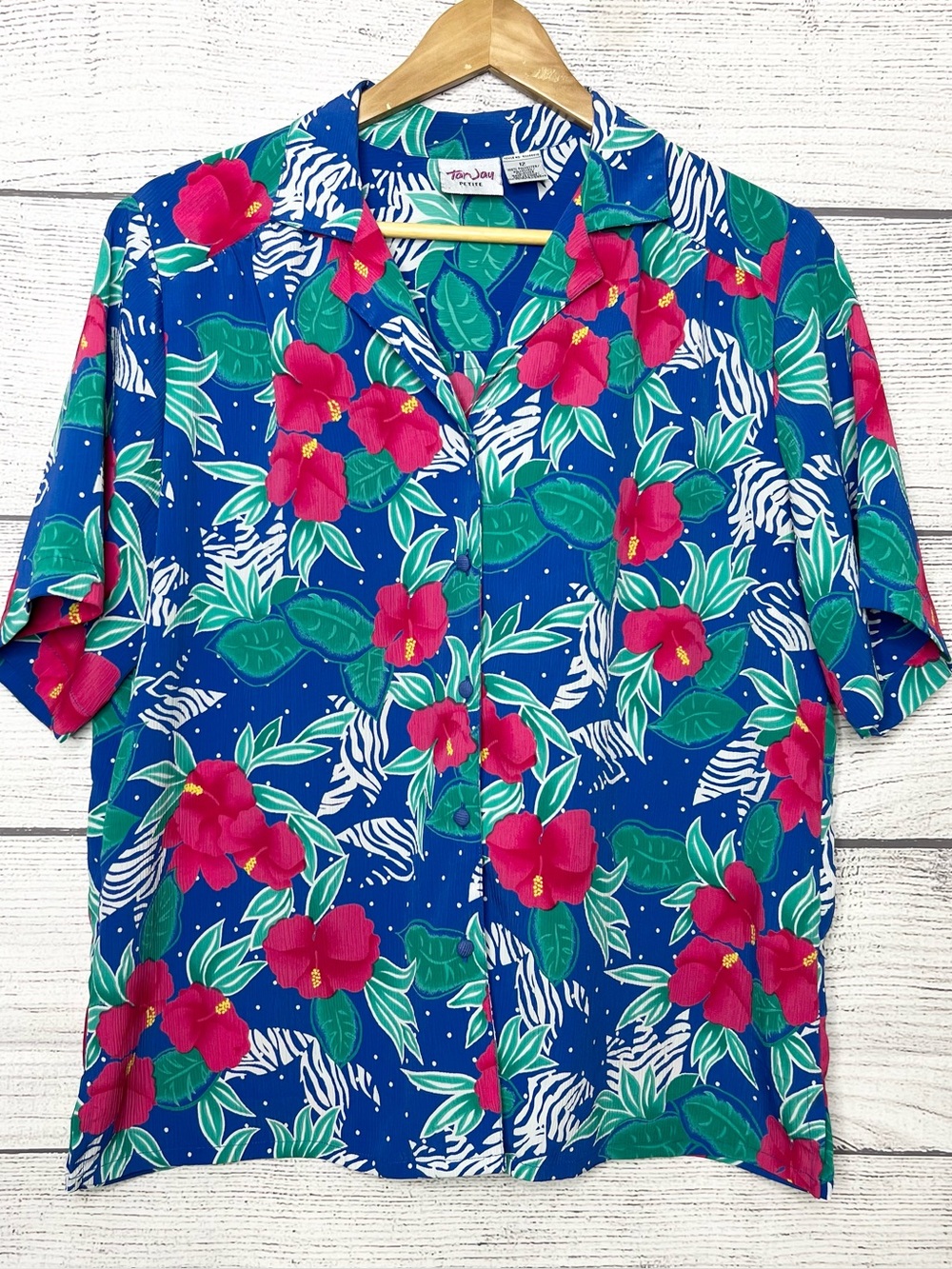 Vintage TanJay Blue & Pink Hawaiian Tropical Floral Button-Up Shirt Top Size 12